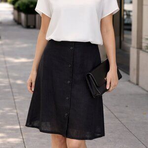 Talbots Classic Black A-Line Skirt, irish linen, button up front,  sz 10, EUC